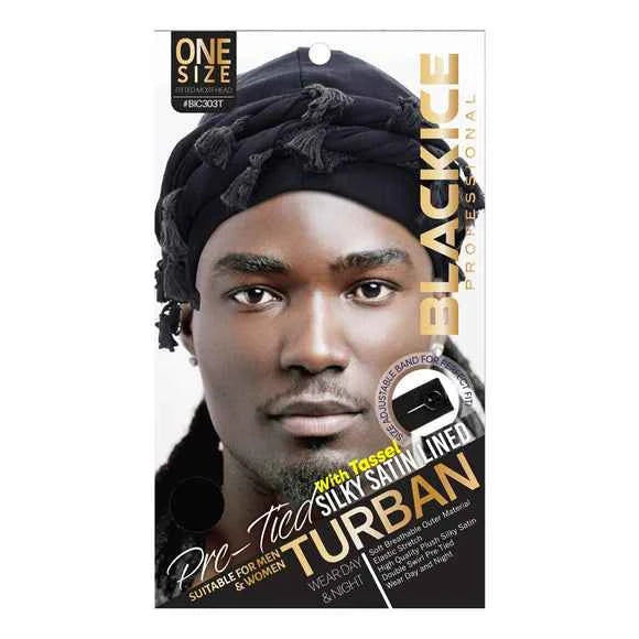 Blackice Pretied Silky Satin Lined Turban with Tassel