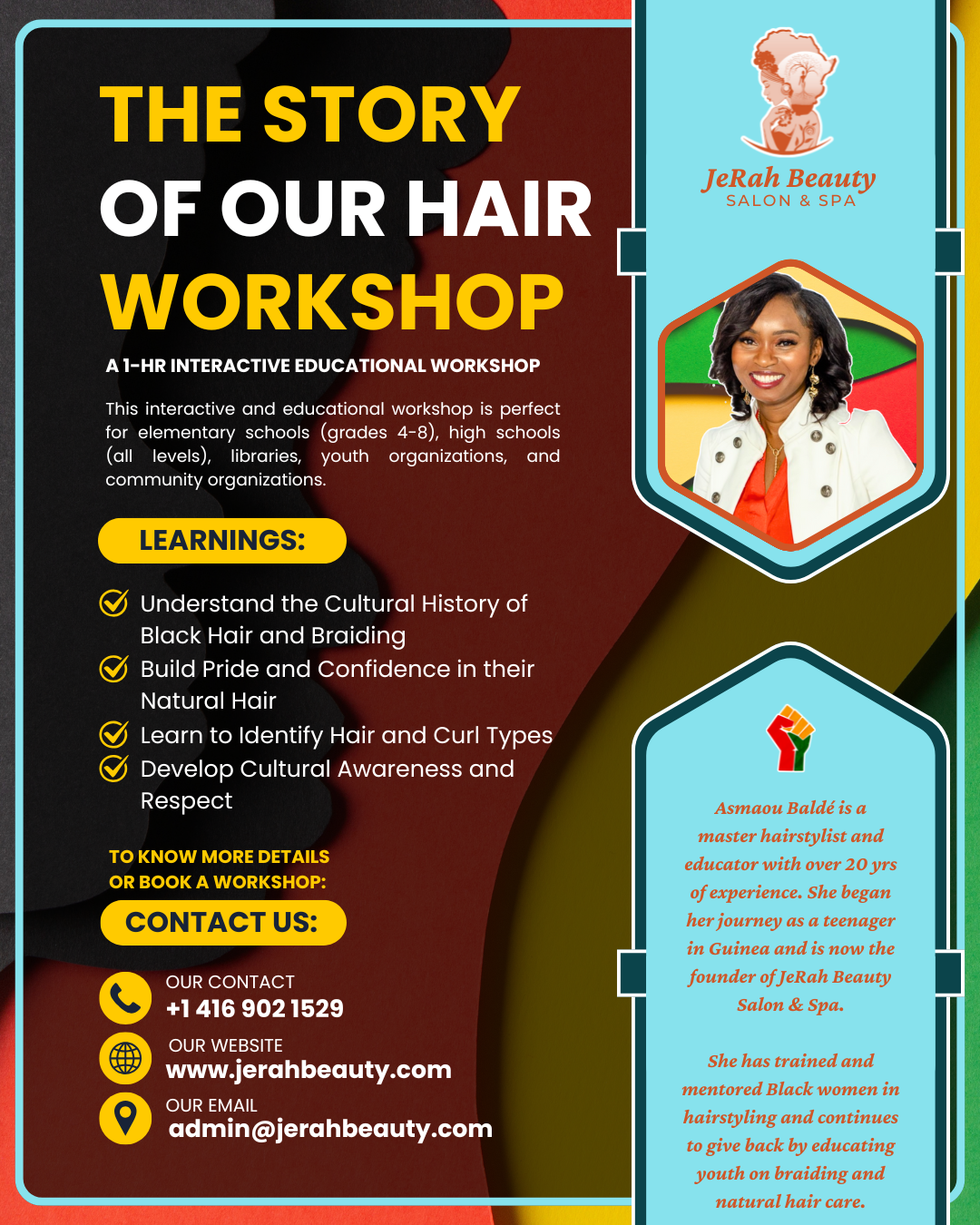 Advertisement for 'The Story of Our Hair' workshop with contact information and workshop details.